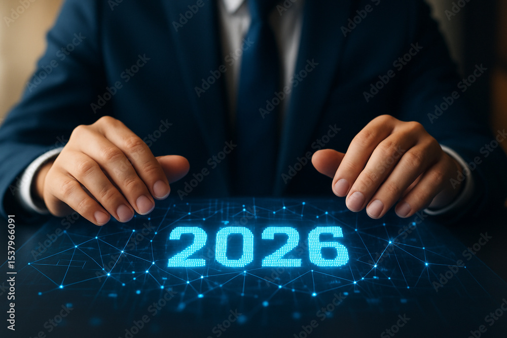 Poster ai generated businessman touching futuristic digital display showing 2026 with glowing blue network 