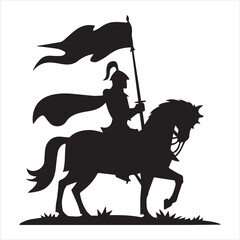Medieval Knight on Horseback Holding Flag Silhouette Vector Illustration