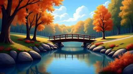 Tranquil Park River Reflecting Sky, Trees, and Wooden Footbridge