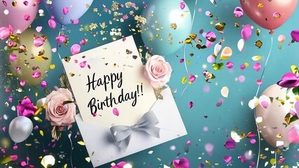 Birthday card with flowers, balloons, confetti and ribbon on blue background with happy celebration mood - Powered by Adobe