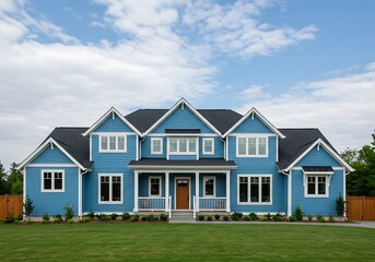 A large two-story residential house with blue siding and white trim, featuring multiple gables and a covered front porch, situated on a well-maintained green lawn under a clear blue sky.