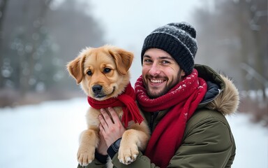 Obraz premium Happy pet and his owner having fun in the snow in winter holiday season. Winter holiday emotion. Man holding cute puddle dog with red scarf. Film filter image. High quality