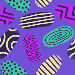 Brush stroke colorful doodle geometric seamless pattern illustration on a purple canvas texture.