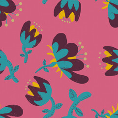 Brush stroke rough floral drawing seamless pattern illustration on a pink grain background.