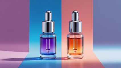 Naklejka premium Two Glass Dropper Bottles with Colorful Liquids on a Geometric Background
