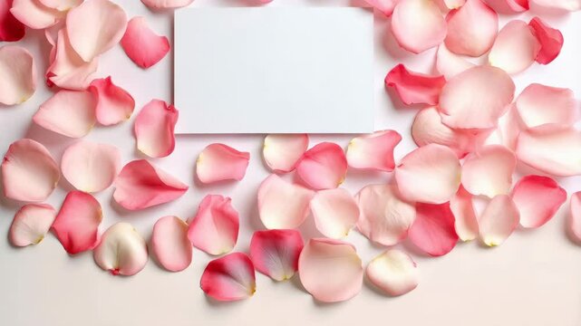 Romantic pink rose petals surrounding a blank white card on a light background for message or invitation concept
