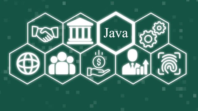 Modern interface design highlighting Java programming in a tech-driven environment. Features glowing hexagonal icons symbolizing code, data processing, security, finance, and development operations.