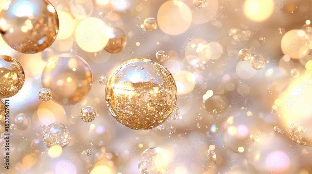 Poster shimmering bubbles with golden sparkles in soft background light