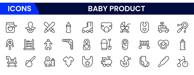 Adorable vector web line icons depicting baby products, diapers, bottles, strollers, and nurturing essentials for infant care and comfort.