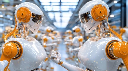 Two Advanced Robots Shaking Hands in a Modern Manufacturing Facility