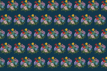 Pattern of abstract bouquet flower with leaf on deep blue background.