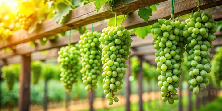 Green grape clusters hanging from a wooden trellis