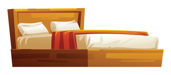 Wooden bed with a white mattress, orange blanket, and pillows for a cozy bedroom. Vector cartoon illustration