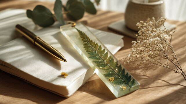 優雅な緑の花冠レジン栞の詩物語