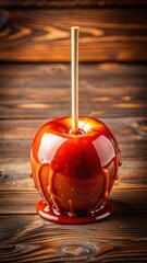 Freshly made candy apple dripping with juicy red caramel sauce on a wooden table
