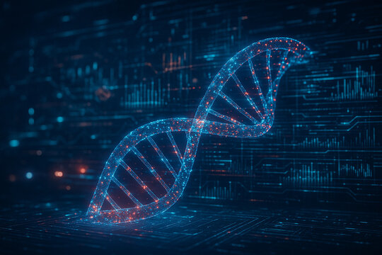 AI generated digital image of glowing 3D DNA helix composed of blue and red energy particles floating in a futuristic data environment representing bioinformatics and genetic technology