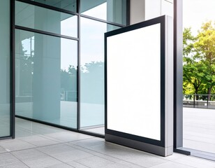 Modern blank billboard near glass building with sunlight and green trees