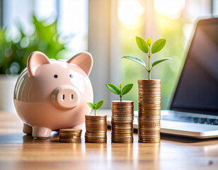 Pink piggy bank beside growing stacks of coins, symbolizing saving and investment.