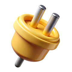 3d render of a yellow power plug with silver prongs on a solid black background