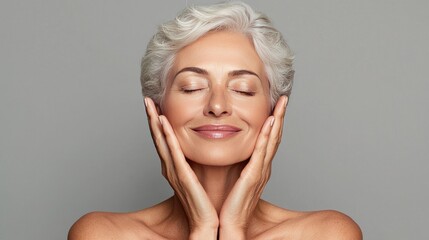 Portrait of Relaxed Older Woman with Short Silver Hair and Closed Eyes