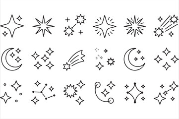 Linear celestial icon pack – 20 clean outline-style vectors of stars, moon, constellations and sparkles