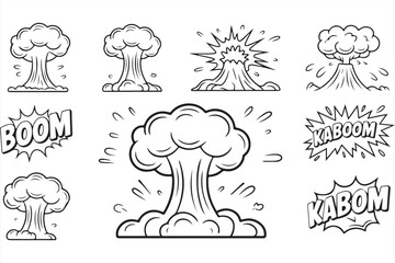 Outline-style action explosion vector icon pack – 20 energetic blast illustrations with boom text
