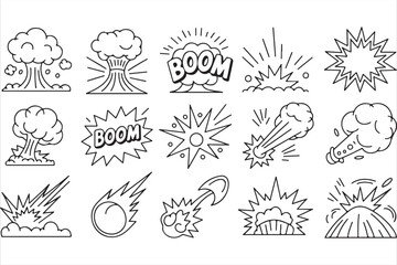 outline vector explosions and mushroom clouds in bold comic book style