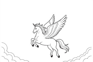 Elegant flying Pegasus line art – mythical winged horse in sky and cloud scene