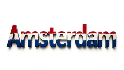 The word 'Amsterdam' designed in a bold font using red, white, and blue colors of the Netherlands flag. Clean layout with minimal background.