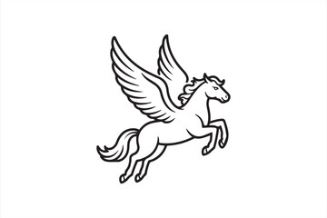 Graceful Pegasus in flight – black and white line art of winged horse above clouds