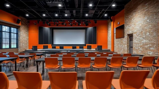 Conference Room with Orange Chairs and Wooden Accent Walls Featuring a Large Screen Presentation Area in Modern Design