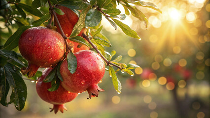 Pomegranate hanging tree with water drop in garden, Pomegranate on tree branch in natural warm...
