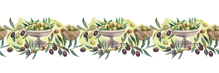 Seamless border with olive tree branches with a wooden cup and a metal vase filled with olives on a background of yellow-green spots. The watercolor illustration is drawn in a botanical style