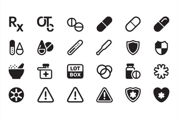 Pharmaceutical and health vector icons in silhouette style showing pills, thermometer, droppers, shields, medicine kits, warning signs, and supplement containers