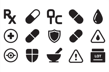 Flat black vector pack of health and wellness icons with DNA helix, stethoscope, healthcare staff, nutrition, meditation, strength symbols, and hospital kits for medical graphics