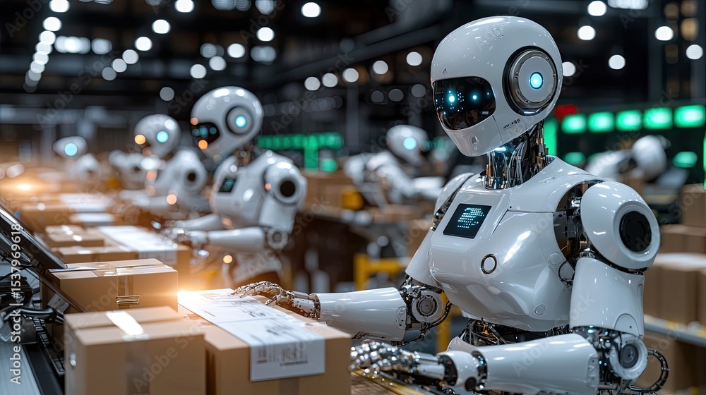 Poster advanced robots working in futuristic warehouse environment