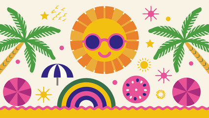 Fototapeta premium Vibrant summer banner, colorful beach icons, tropical sun, palm trees, beach party decoration