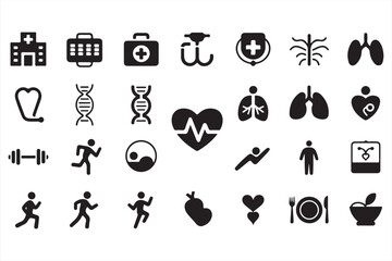 Minimalist vector icon pack featuring health and medical symbols like heart monitor, hospital, first aid kit, DNA, doctor tools, and fitness illustrations in silhouette style

