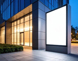 Modern building facade with illuminated interior and blank billboard at dusk