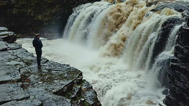 Wide shot capturing lower falls at Aysgarth with the rushing water and rocky terrain, wide shot looking down the lower falls at Aysgarth falls on the river ure