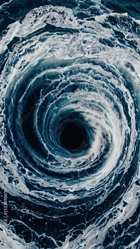 Poster aerial view of a swirling ocean vortex, capturing dynamic motion. the video style emphasizes the pow