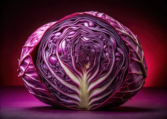 Fresh red cabbage with intricate texture and vibrant color against a deep crimson background