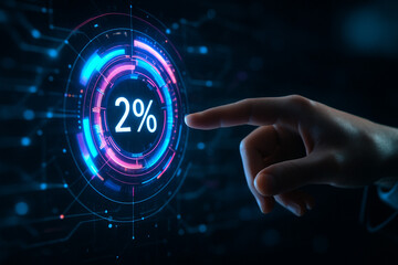 AI generated human finger interacting with glowing sci fi digital interface showing 2 percent at center surrounded by futuristic data rings cyber elements and holographic HUD in dark background