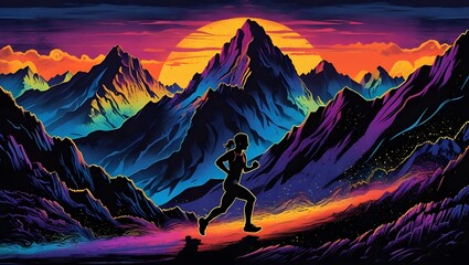 A lino cut depicting a runner running in the mountains, with a magical mountain scenery. It is an illustrated vector artwork, colorful,