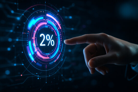 AI generated human finger interacting with glowing sci fi digital interface showing 2 percent at center surrounded by futuristic data rings cyber elements and holographic HUD in dark background