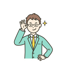 眼鏡を上げてニヤリと笑い自信を見せる学生男子