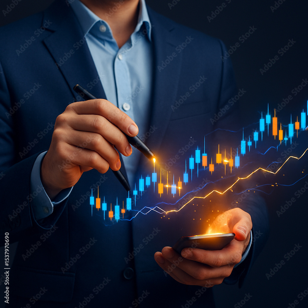 Poster ai generated businessman using digital pen to interact with glowing candlestick chart above smartpho