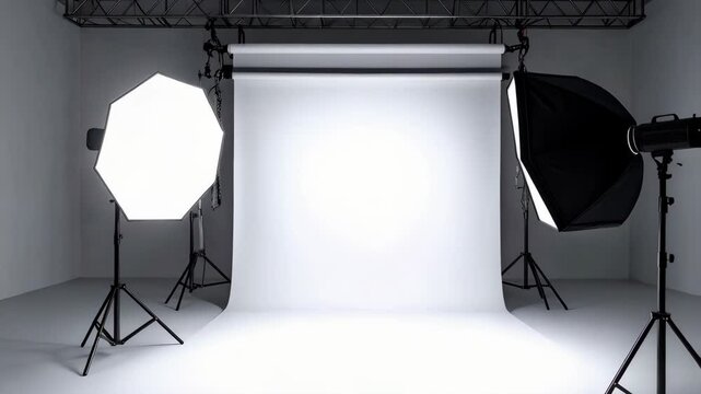 Photography studio with white backdrop and professional lighting equipment for photo shoots or filming projects in a controlled environment.