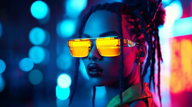 portrait futuristic theme, black African woman deadlock hairstyle wearing neon light glasses against city street colorful bright light 