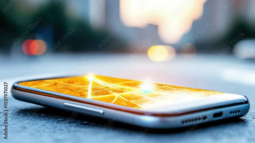 Poster smartphone in urban environment: an advanced smartphone lies on a street, its screen alight with fut
